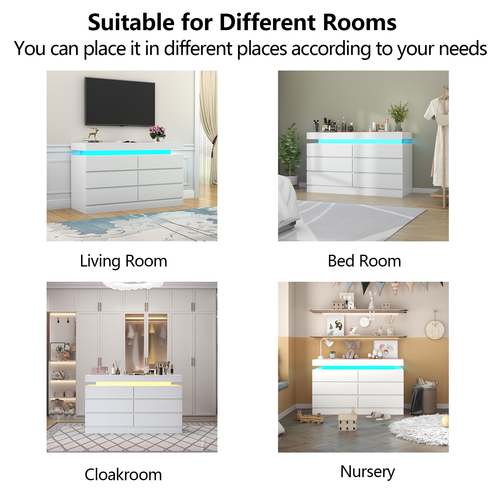 Gyfimoie 6 Drawer Dresser with Power Outlet, Dresser with LED Light | Modern Chest of Drawers for Closet, Wide Drawer Organizer Cabinet for Bedroom,Living Room