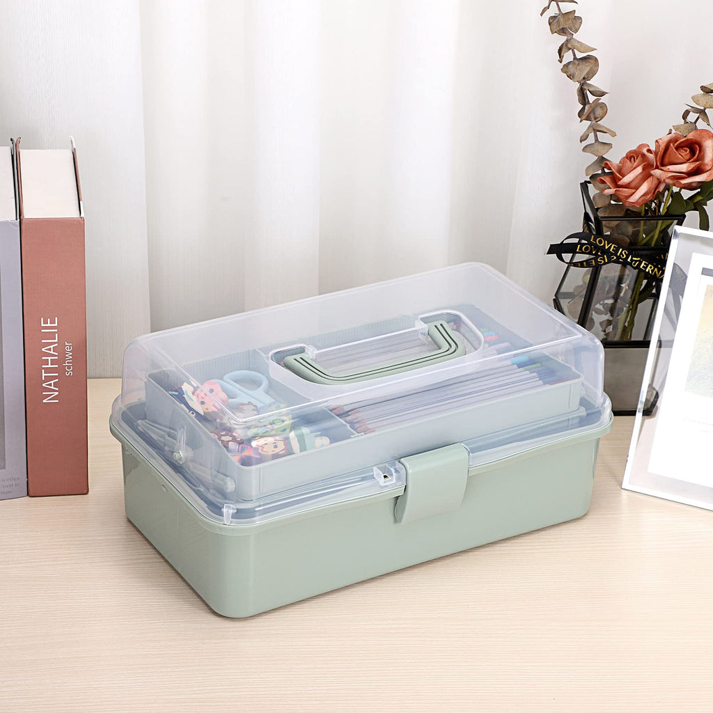 BTSKY 3-Layer Plastic Dividing Storage Box Craft Organizer and Storage | Portable Handled Art Supply Organizer with Adjustable Spacers Multipurpose Home Utility Box for Medicine, Sewing(Pink)