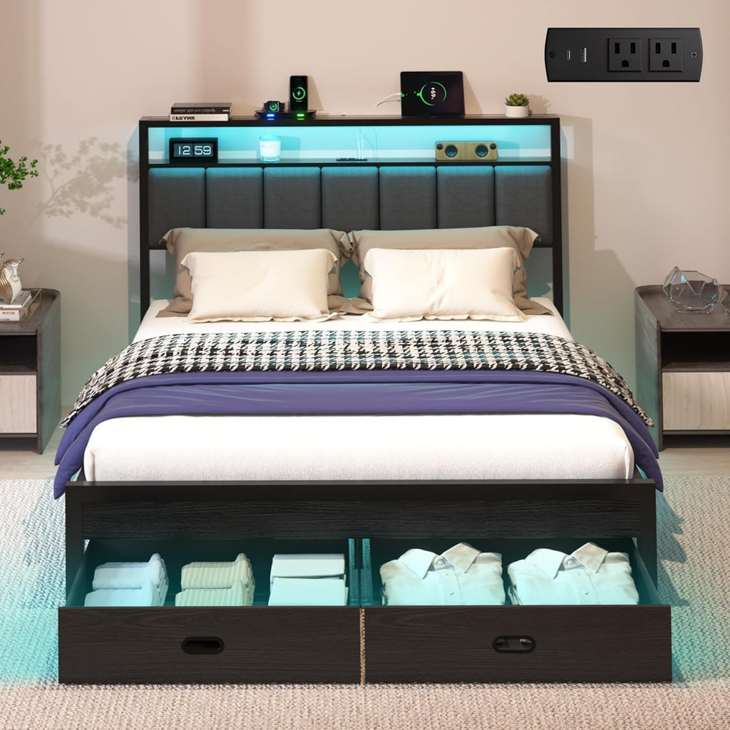 Full Bed Frames with Storage Drawer, Platform Bed with Charging Station and LED Lights, Upholstered Headboard with 2-Tier Storage Shelves, No Box Spring Needed