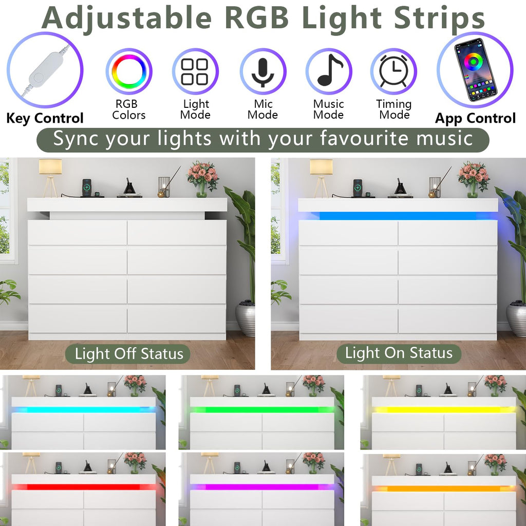 Gyfimoie 6 Drawer Dresser with Power Outlet, Dresser with LED Light | Modern Chest of Drawers for Closet, Wide Drawer Organizer Cabinet for Bedroom,Living Room