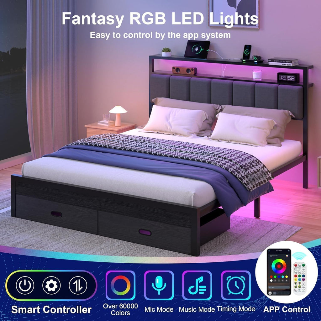 Full Bed Frames with Storage Drawer, Platform Bed with Charging Station and LED Lights, Upholstered Headboard with 2-Tier Storage Shelves, No Box Spring Needed