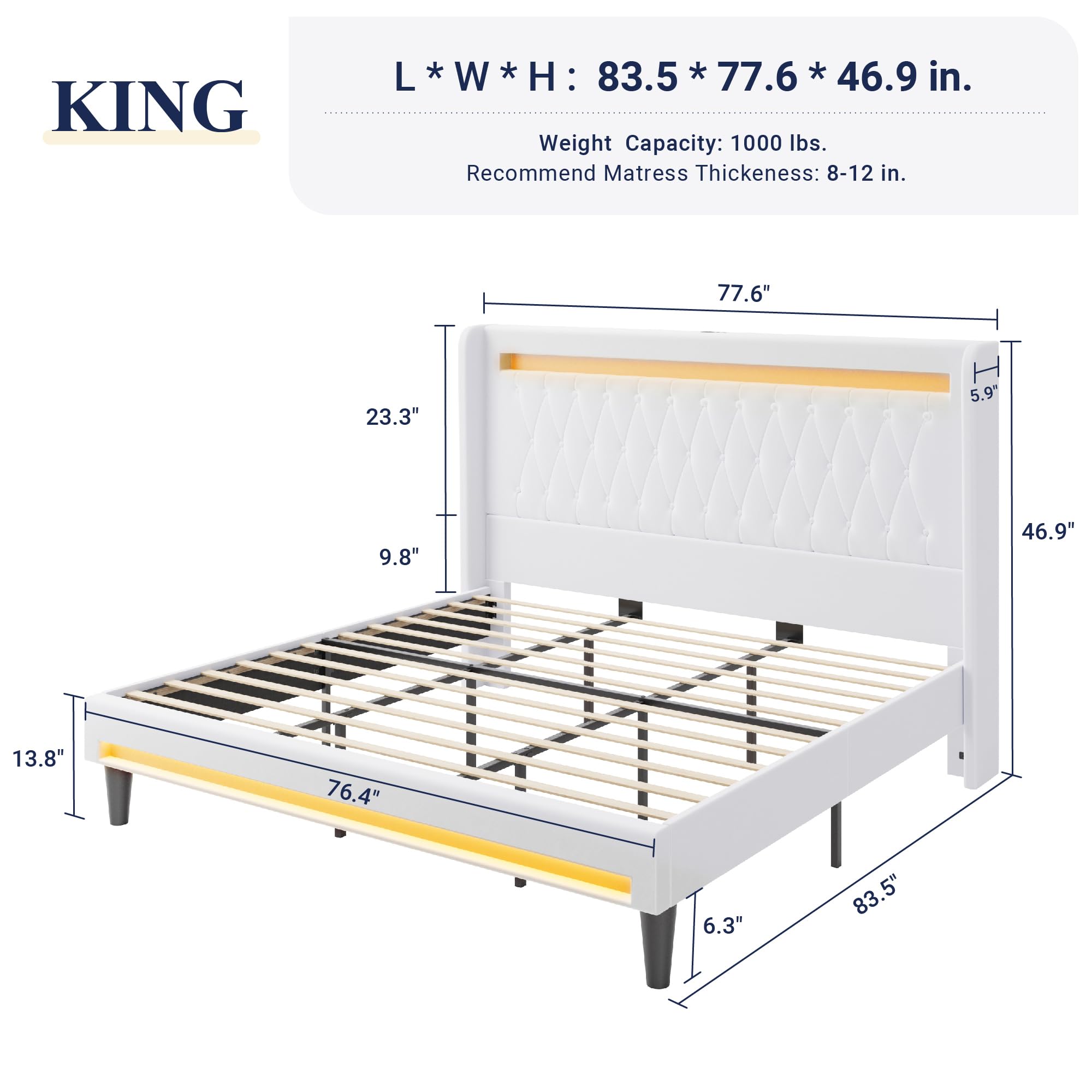 Allewie Queen Size Upholstered Bed Frame with LED & Charging Station, Black | Customizable LED lights, charging station, tufted wingback headboard, noise-reducing support, and no box spring needed.