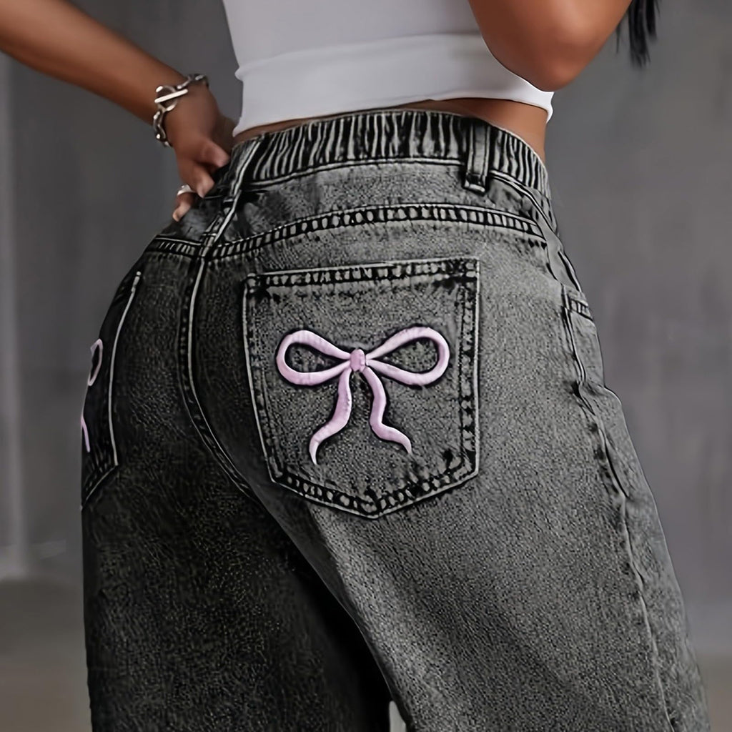 Jeans for Girls Cute Baggy Pants Wide Leg High Waisted Trousers with Pocket | Back to School Clothes Teens Outfits Bow Embroidery Wide Leg Denim Pants Y2k Tween Clothes 7-16Y
