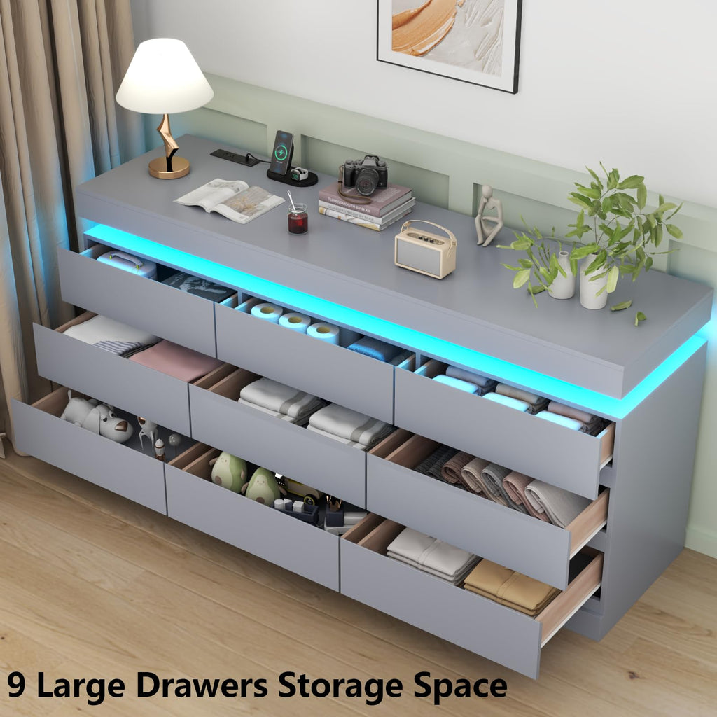 Gyfimoie 6 Drawer Dresser with Power Outlet, Dresser with LED Light | Modern Chest of Drawers for Closet, Wide Drawer Organizer Cabinet for Bedroom,Living Room