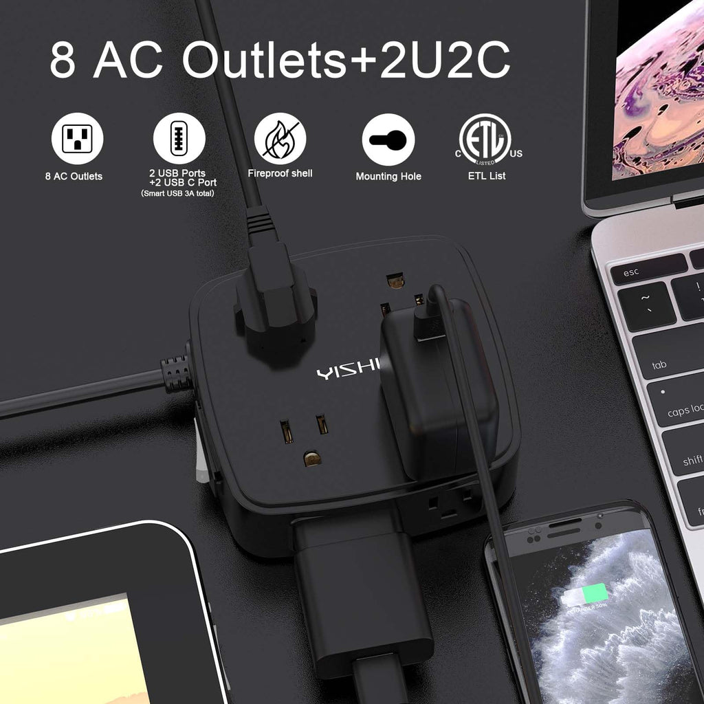 6Ft Surge Protector Power Strip with 8 Widely Outlets & 4 USB Ports | 3 Side Outlet Extender with 6 Feet Extension Cord, Flat Plug, for Home, Office, College Dorm Room Essentials, ETL, White