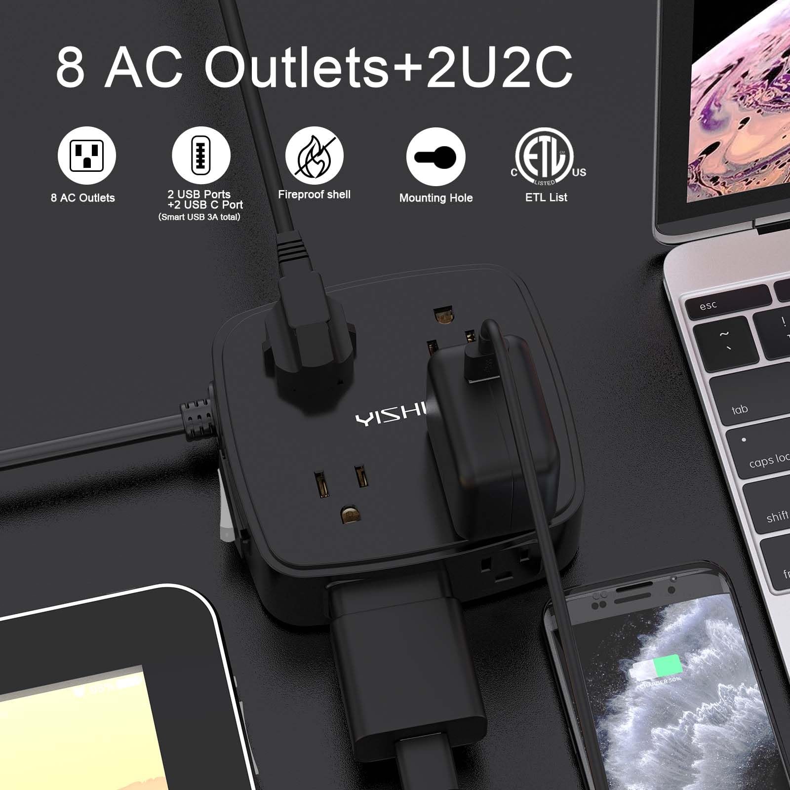 6Ft Surge Protector Power Strip with 8 Widely Outlets & 4 USB Ports | 3 Side Outlet Extender with 6 Feet Extension Cord, Flat Plug, for Home, Office, College Dorm Room Essentials, ETL, White