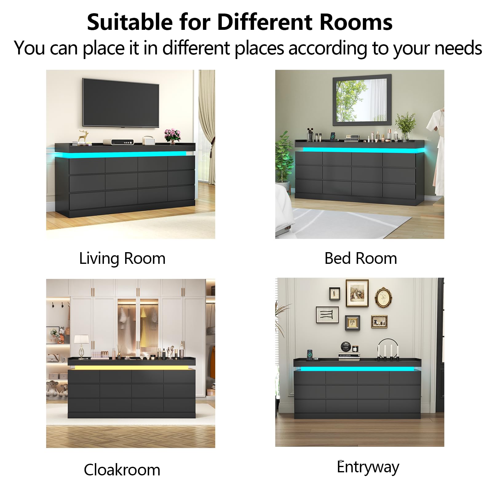 Gyfimoie 6 Drawer Dresser with Power Outlet, Dresser with LED Light | Modern Chest of Drawers for Closet, Wide Drawer Organizer Cabinet for Bedroom,Living Room
