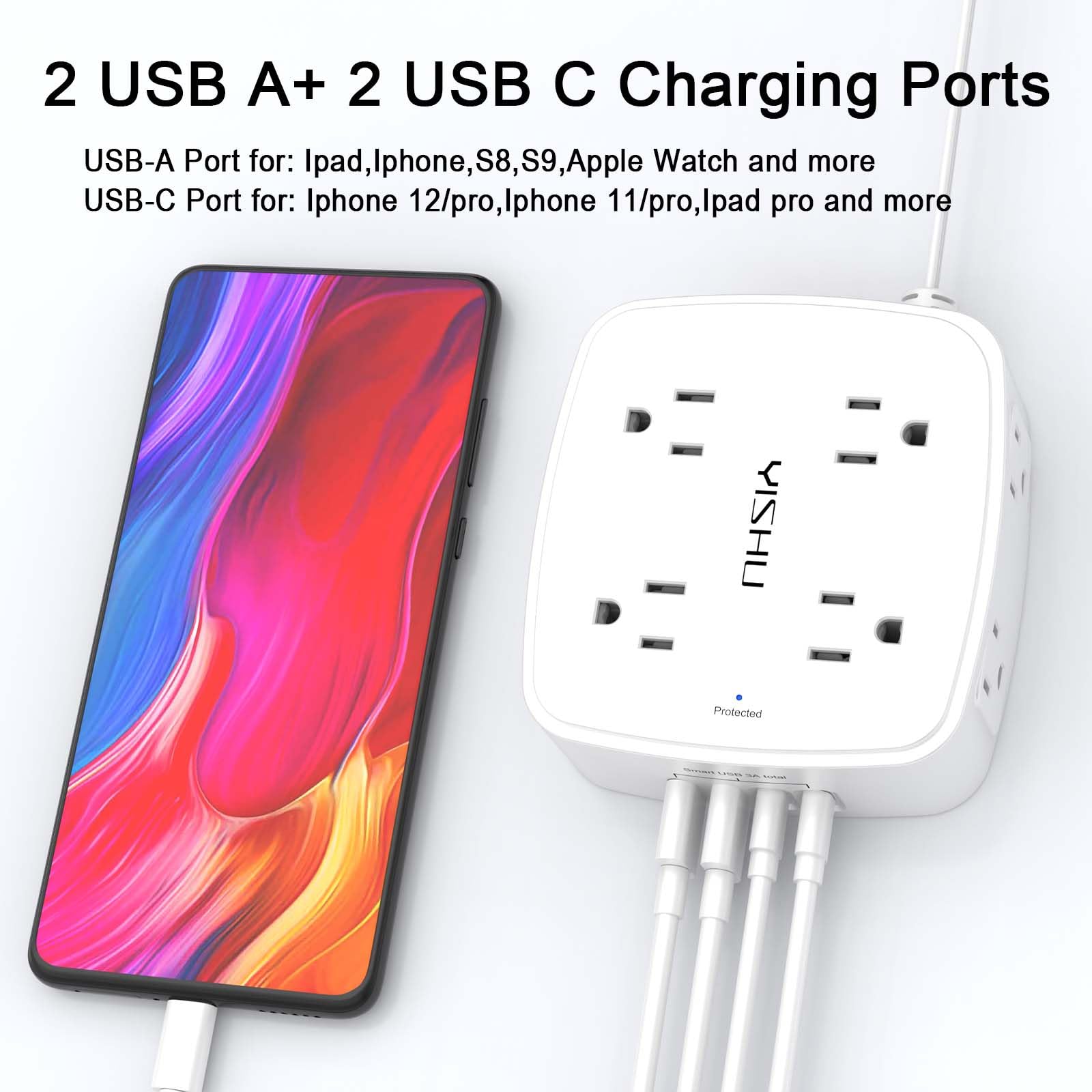 6Ft Surge Protector Power Strip with 8 Widely Outlets & 4 USB Ports | 3 Side Outlet Extender with 6 Feet Extension Cord, Flat Plug, for Home, Office, College Dorm Room Essentials, ETL, White