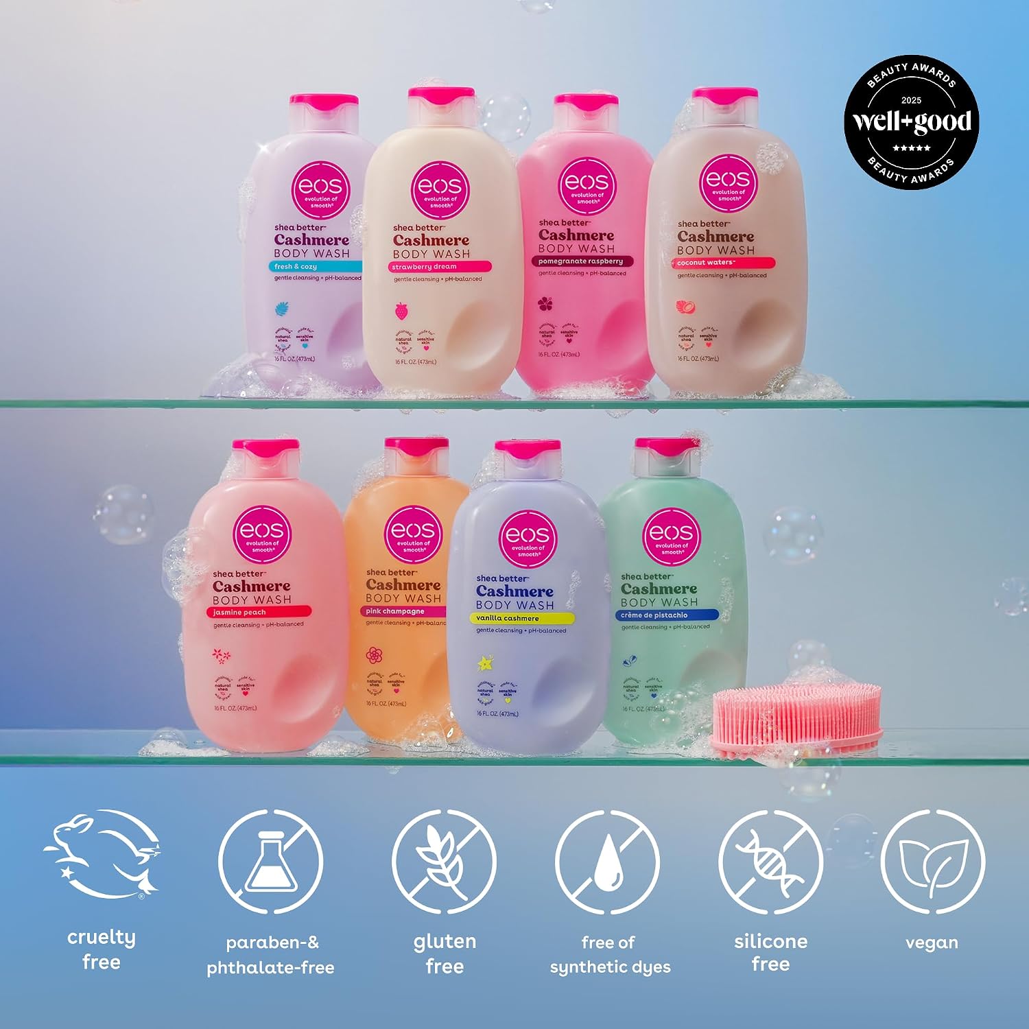 eos Body Wash, Vanilla Cashmere, Moisturizing Creamy Gel Formula with Shea Butter, Glycerin, Vitamin E, pH Balanced, Sensitive Skin, Vegan, 16 fl oz