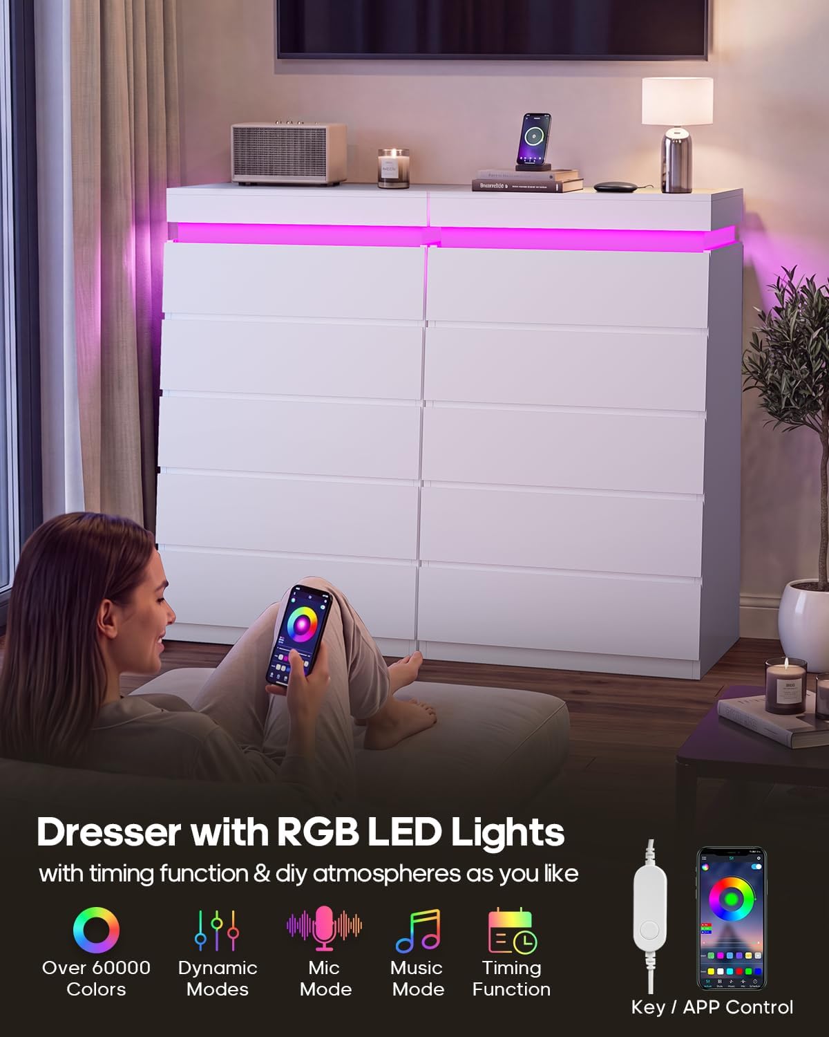 HAUOMS Tall White 5 Drawer Dresser with LED Light | Modern Chest of Drawers for Bedroom,Closet Dressers with Drawers for Living Room, Entryway, Hallway