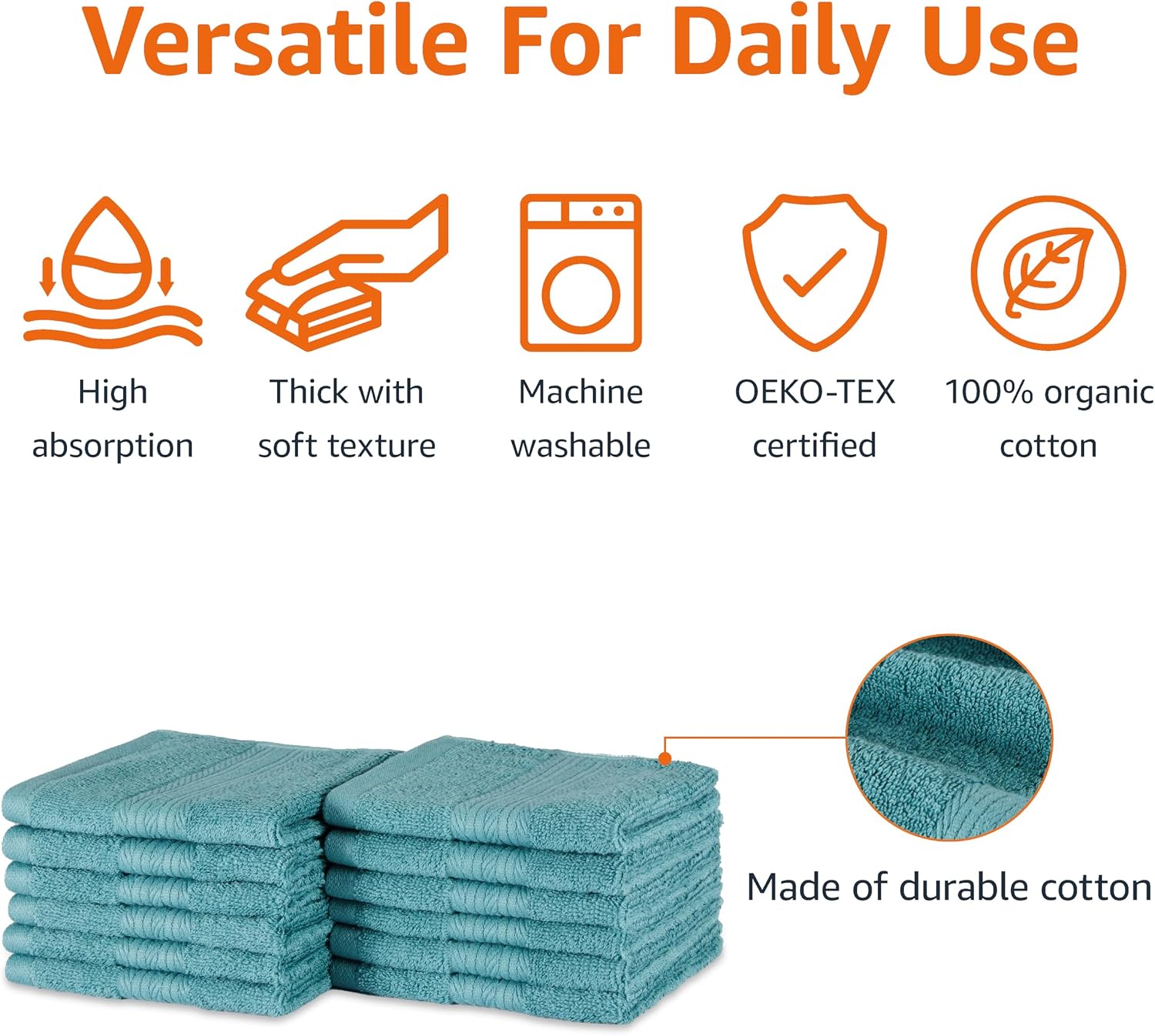 Amazon Basics 6-Piece Oversized Fade-Resistant Towel Set, 100% Cotton, Highly Absorbent, Soft, Teal, 2 Bath Towels, 2 Hand Towels, 2 Washcloths