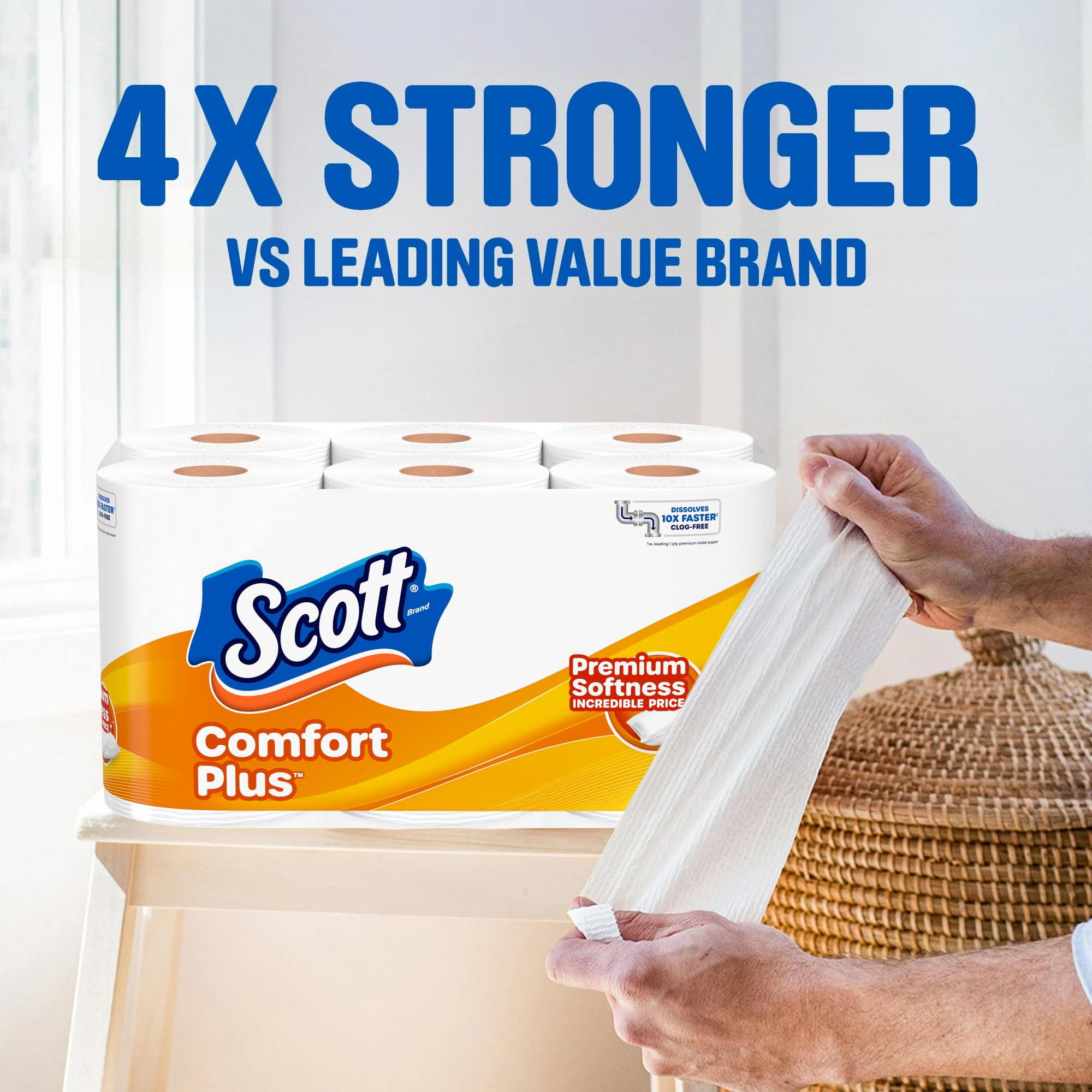 Scott ComfortPlus Toilet Paper, 12 Triple Rolls, 231 Sheets per Roll, Septic-Safe, 1-Ply Toilet Tissue