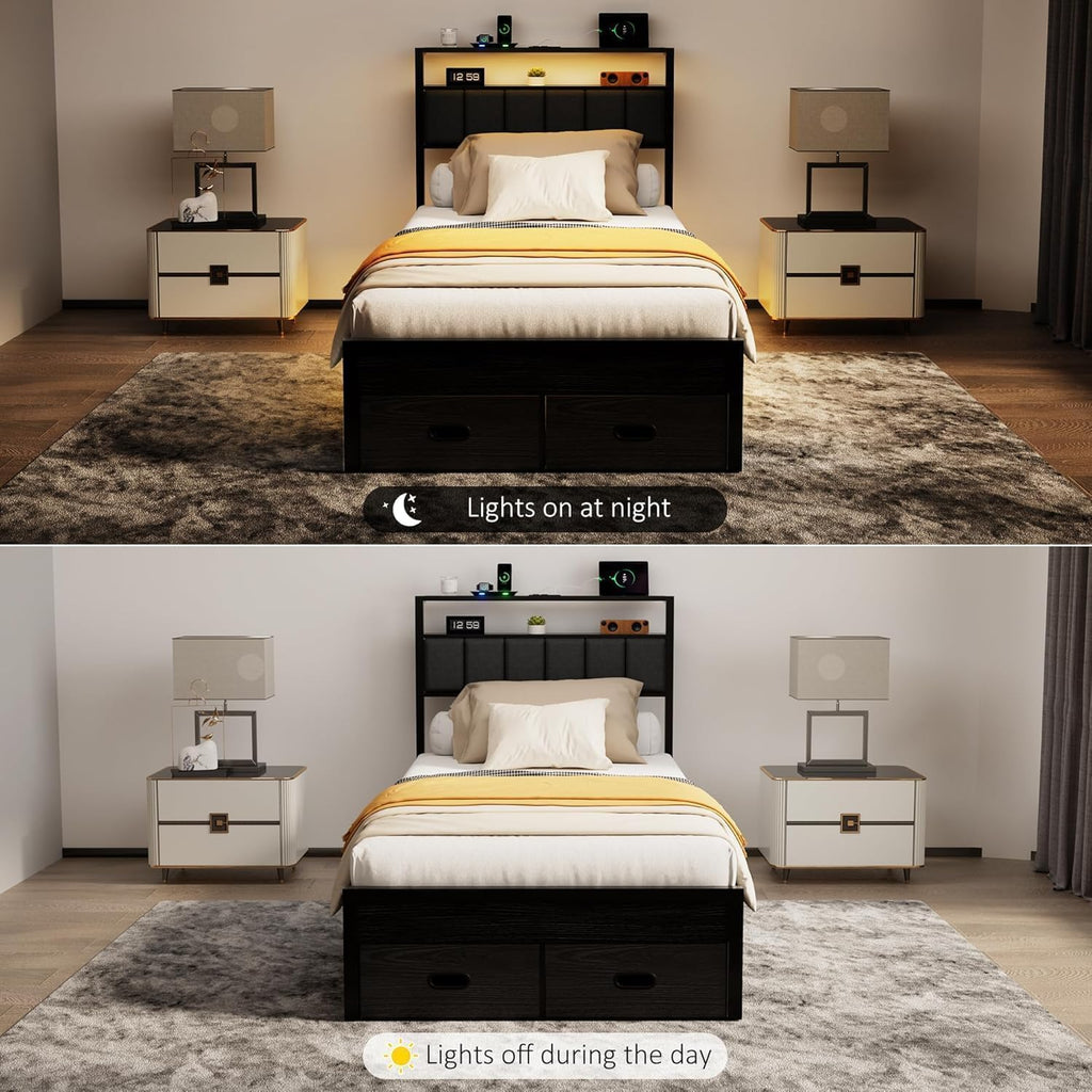 Full Bed Frames with Storage Drawer, Platform Bed with Charging Station and LED Lights, Upholstered Headboard with 2-Tier Storage Shelves, No Box Spring Needed