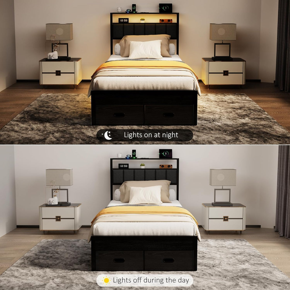 Full Bed Frames with Storage Drawer, Platform Bed with Charging Station and LED Lights, Upholstered Headboard with 2-Tier Storage Shelves, No Box Spring Needed