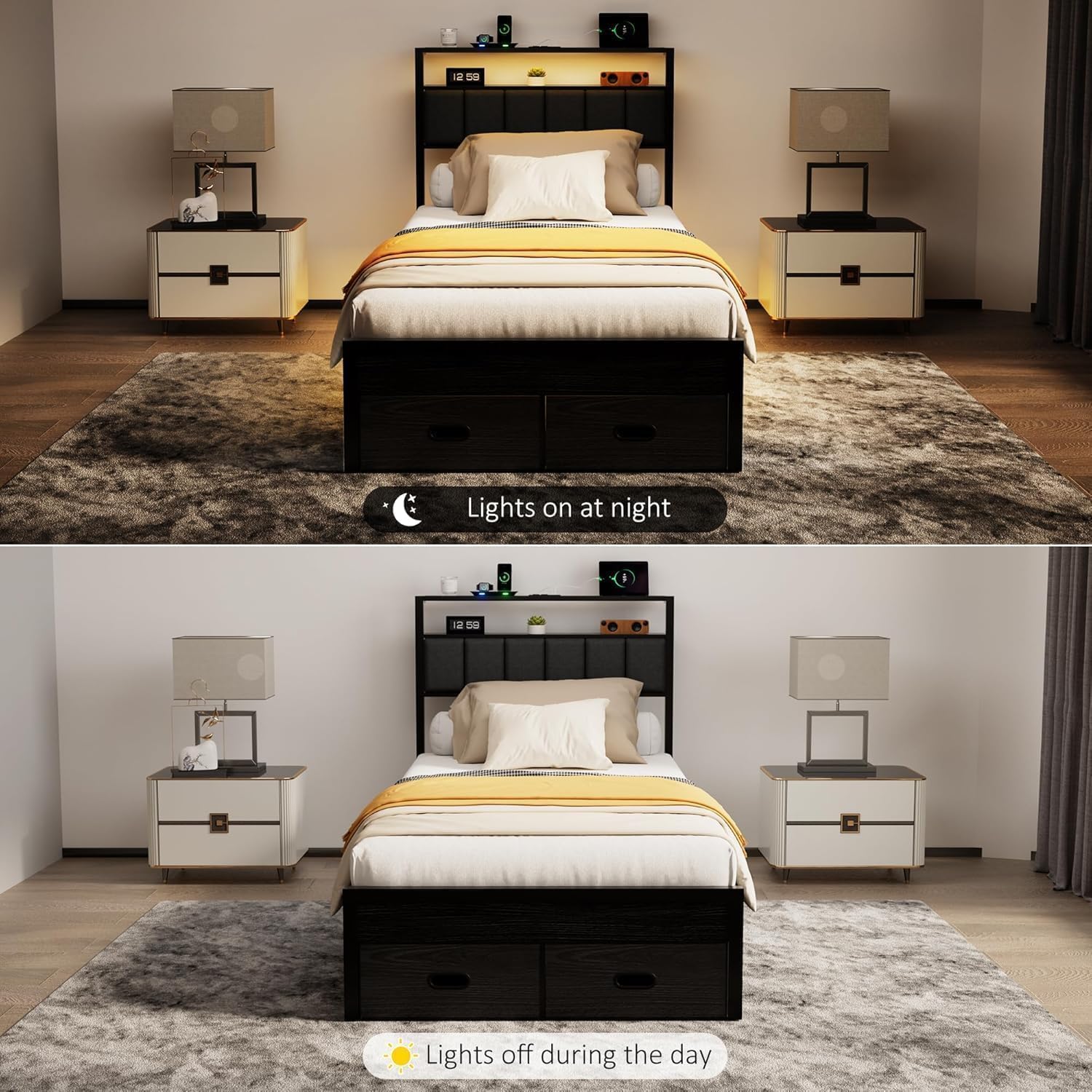 Full Bed Frames with Storage Drawer, Platform Bed with Charging Station and LED Lights, Upholstered Headboard with 2-Tier Storage Shelves, No Box Spring Needed