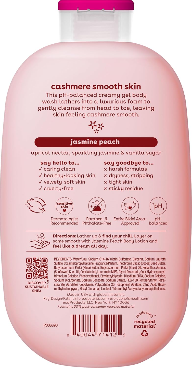 eos Body Wash, Vanilla Cashmere, Moisturizing Creamy Gel Formula with Shea Butter, Glycerin, Vitamin E, pH Balanced, Sensitive Skin, Vegan, 16 fl oz