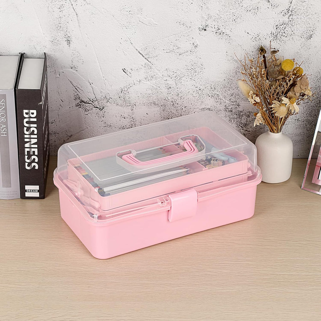 BTSKY 3-Layer Plastic Dividing Storage Box Craft Organizer and Storage | Portable Handled Art Supply Organizer with Adjustable Spacers Multipurpose Home Utility Box for Medicine, Sewing(Pink)
