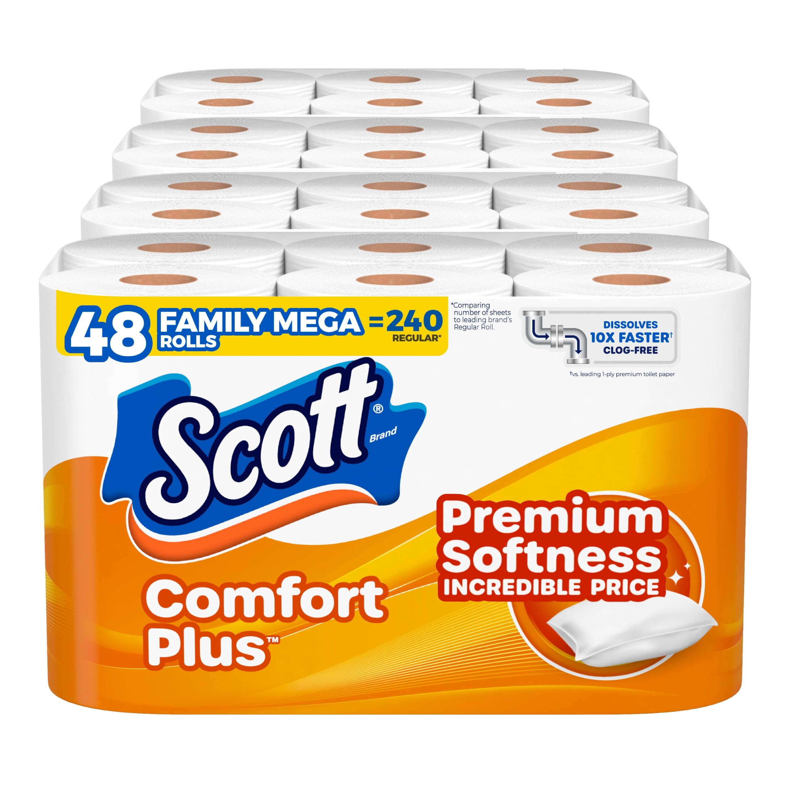 Scott ComfortPlus Toilet Paper, 12 Triple Rolls, 231 Sheets per Roll, Septic-Safe, 1-Ply Toilet Tissue
