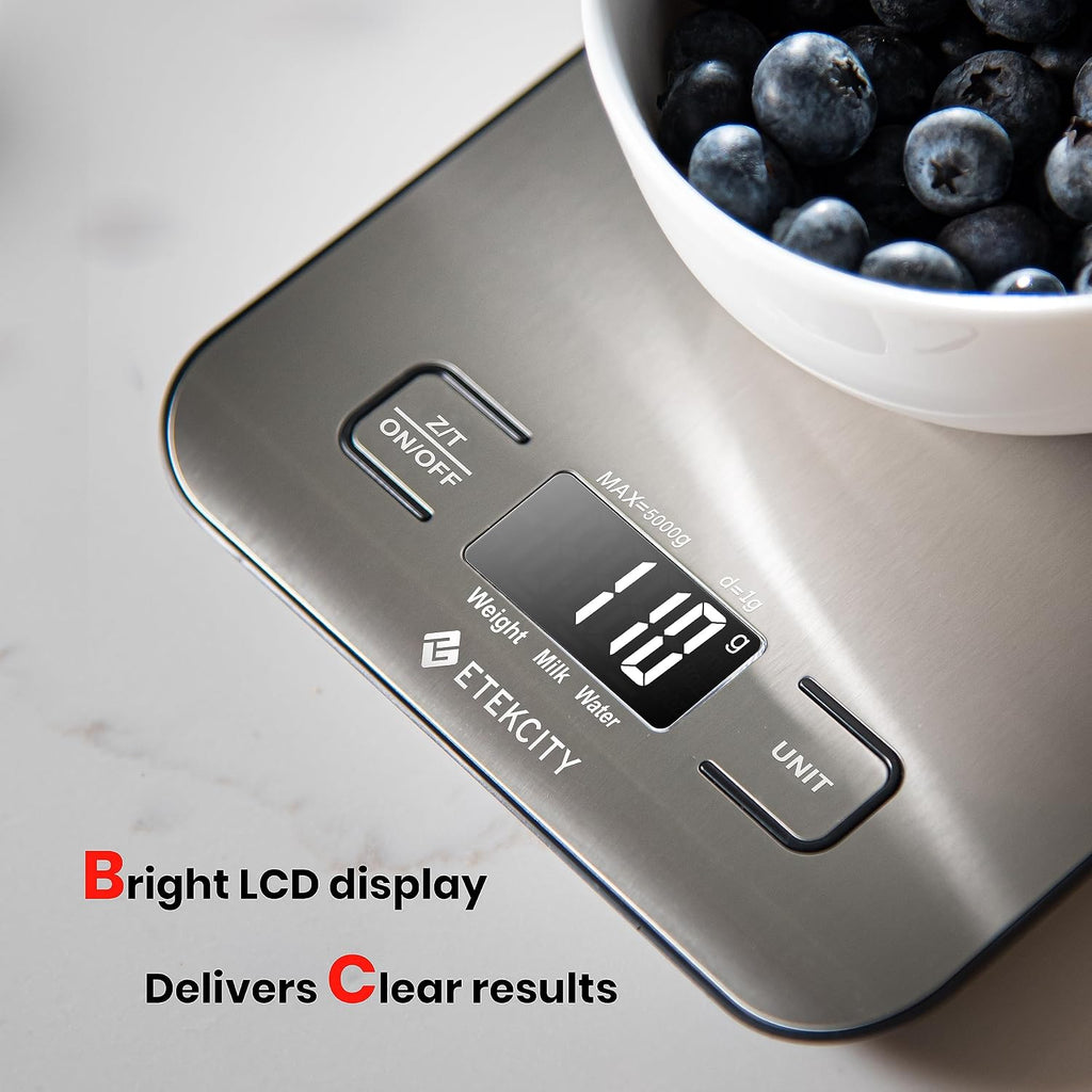 Etekcity Food Kitchen Scale, Digital Grams and Ounces, 11lb | Tare function, ideal for baking, weight loss, keto, meal prep, packages, liquids and jewelry, 304 Stainless Steel