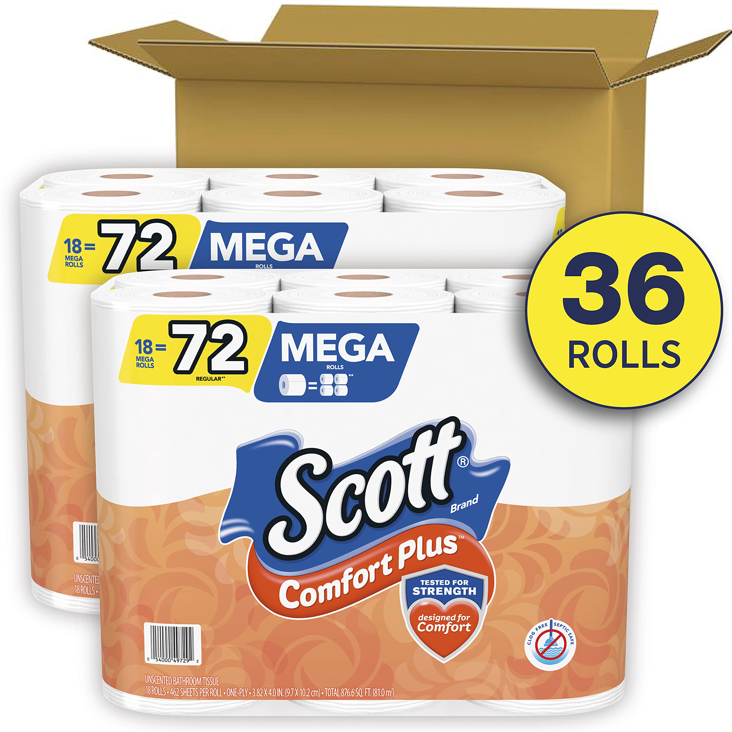 Scott ComfortPlus Toilet Paper, 12 Triple Rolls, 231 Sheets per Roll, Septic-Safe, 1-Ply Toilet Tissue