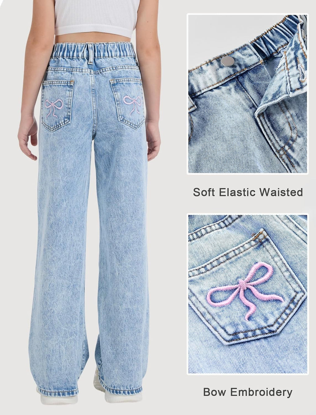 Jeans for Girls Cute Baggy Pants Wide Leg High Waisted Trousers with Pocket | Back to School Clothes Teens Outfits Bow Embroidery Wide Leg Denim Pants Y2k Tween Clothes 7-16Y
