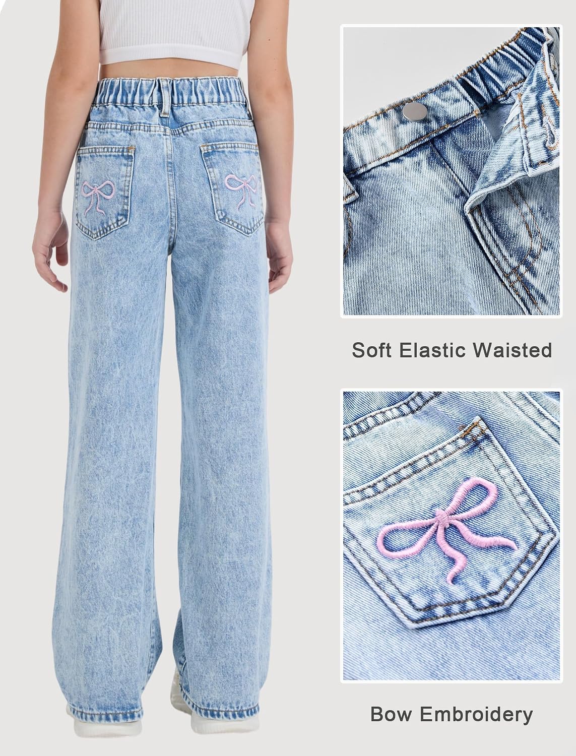 Jeans for Girls Cute Baggy Pants Wide Leg High Waisted Trousers with Pocket | Back to School Clothes Teens Outfits Bow Embroidery Wide Leg Denim Pants Y2k Tween Clothes 7-16Y