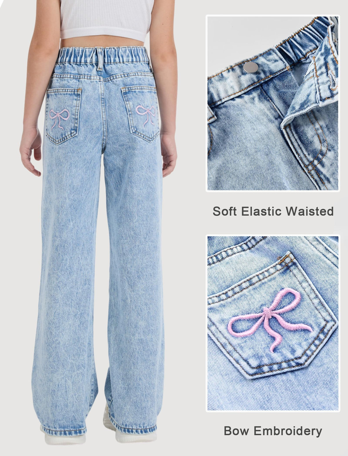 Jeans for Girls Cute Baggy Pants Wide Leg High Waisted Trousers with Pocket | Back to School Clothes Teens Outfits Bow Embroidery Wide Leg Denim Pants Y2k Tween Clothes 7-16Y
