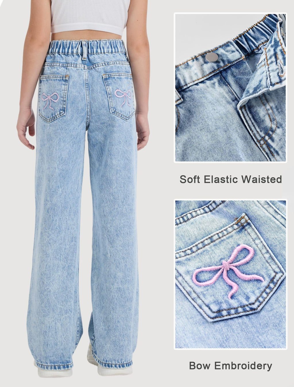 Jeans for Girls Cute Baggy Pants Wide Leg High Waisted Trousers with Pocket | Back to School Clothes Teens Outfits Bow Embroidery Wide Leg Denim Pants Y2k Tween Clothes 7-16Y