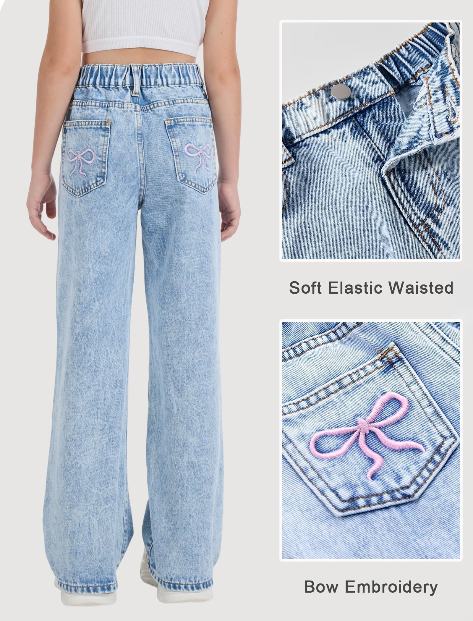 Jeans for Girls Cute Baggy Pants Wide Leg High Waisted Trousers with Pocket | Back to School Clothes Teens Outfits Bow Embroidery Wide Leg Denim Pants Y2k Tween Clothes 7-16Y
