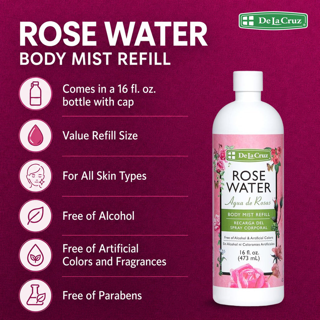 De La Cruz Rose Water Body & Hair Mist, 8 fl. oz Spray (236 mL) | Rose Water Spray, With Rose Flower Extract, Hair & Body Mist, Home Mist, Alcohol Free, Refreshing & Soothing