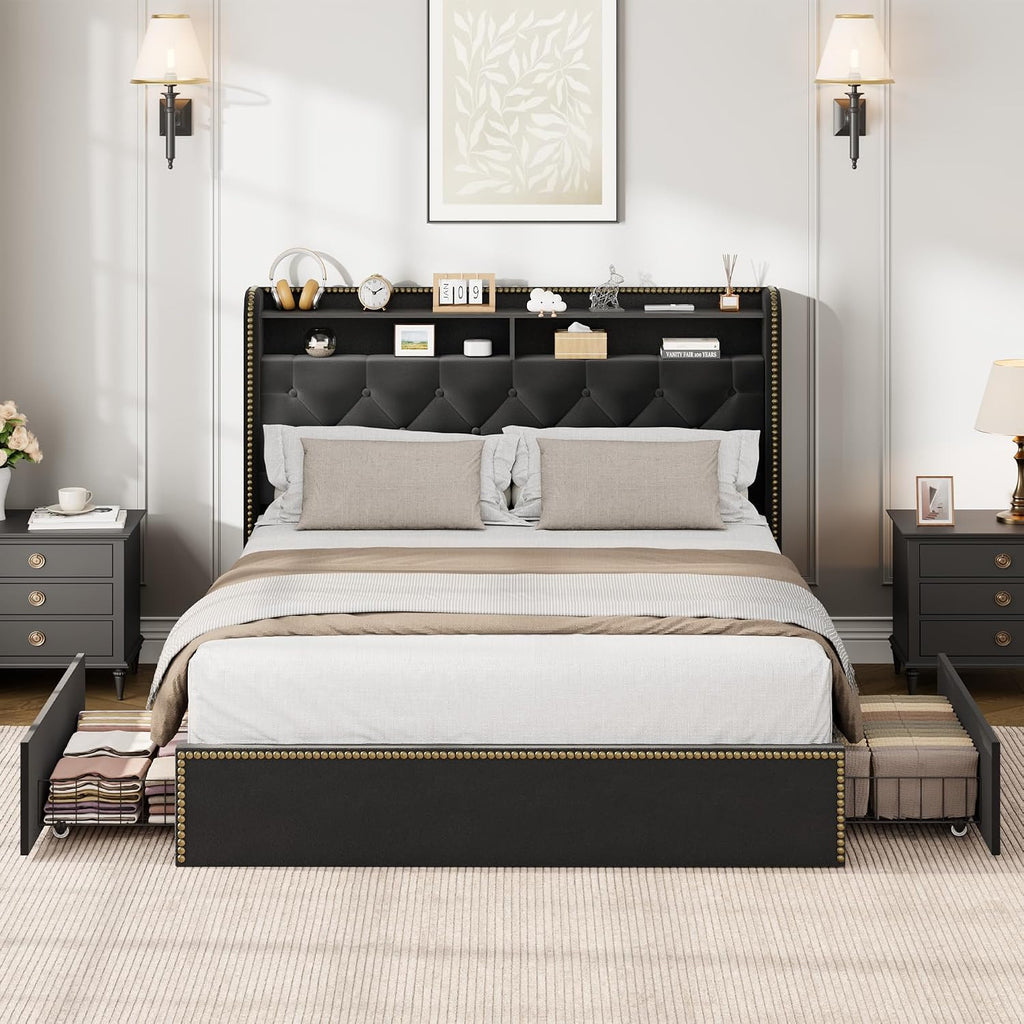 Full Size Black Velvet Storage Bed with Shelved Headboard and 4 Drawers, Tufted Upholstered Platform Bed Frame with Nailhead Trim, Metal Support Slats, No Box Spring Required, Easy to Assemble