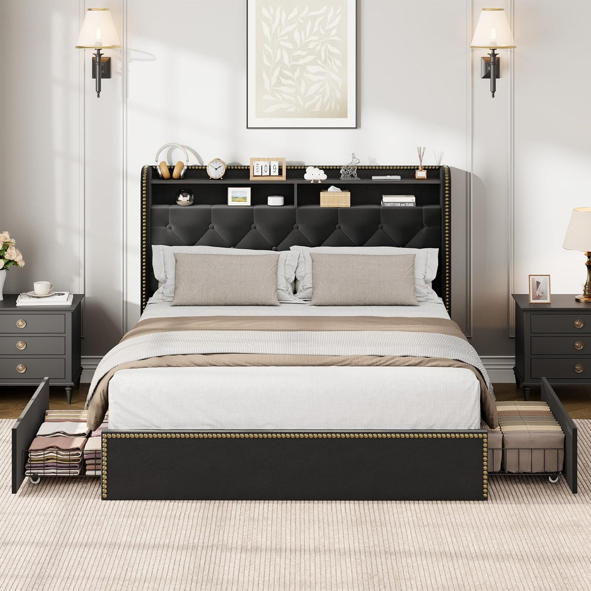 Full Size Black Velvet Storage Bed with Shelved Headboard and 4 Drawers, Tufted Upholstered Platform Bed Frame with Nailhead Trim, Metal Support Slats, No Box Spring Required, Easy to Assemble