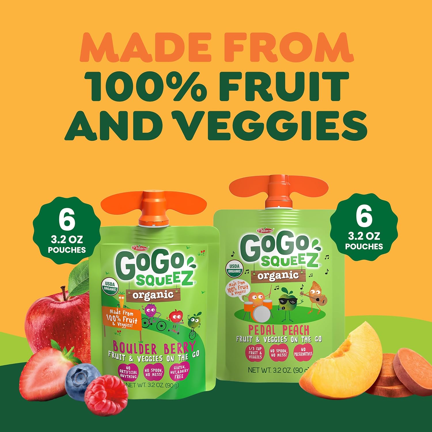 GoGo squeeZ No Sugar Added Organic Fruit & veggieZ Applesauce, 12 Count | Kids On The Go Fruit & Veggie Snack, Peach and Berry; 3.2 Oz Pouches, Gluten and Nut Free, Recloseable Cap, BPA-Free