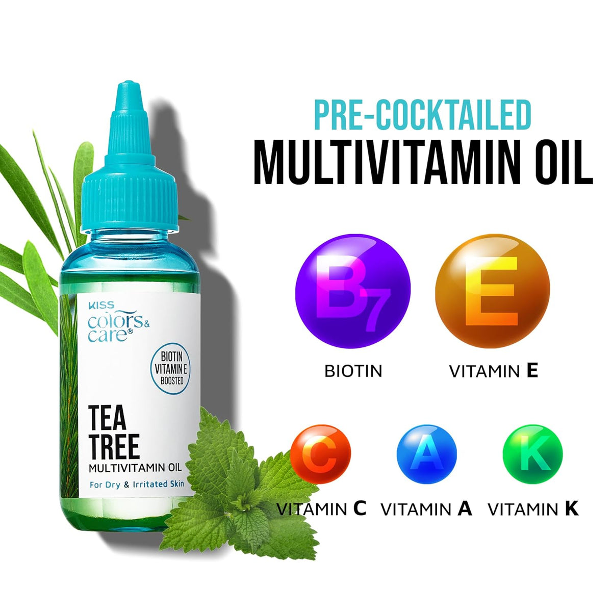 Kiss Colors & Care Tea Tree Multivitamin Oil for Hair & Skincare, Infused with Biotin, Vitamin E and Natural Oils for Long-Lasting Hydration & Repair, 2.5 fl. oz.