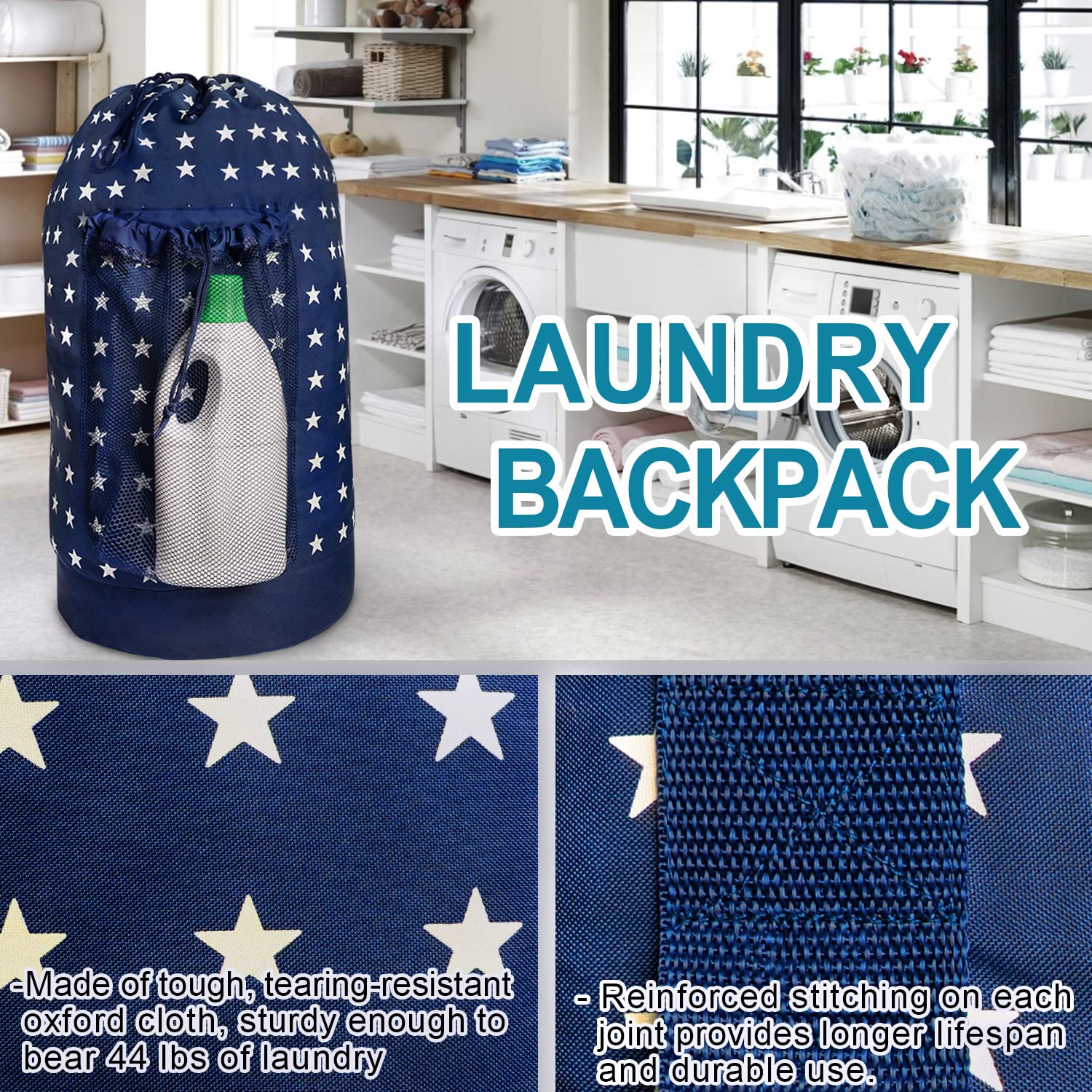 Backpack Laundry Bag, 115L Large Hamper with Shoulder Straps, Drawstring Closure, Mesh Pocket, Khaki