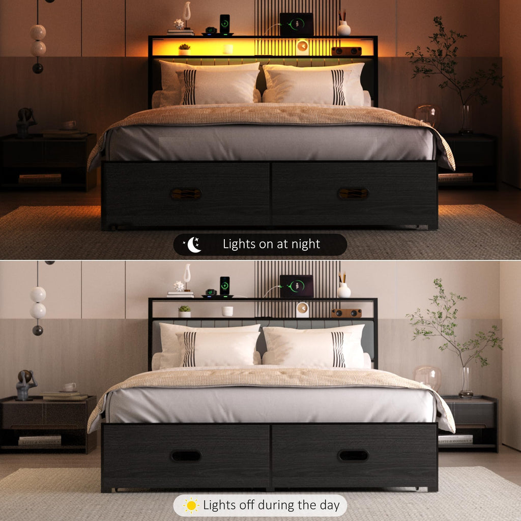 Full Bed Frames with Storage Drawer, Platform Bed with Charging Station and LED Lights, Upholstered Headboard with 2-Tier Storage Shelves, No Box Spring Needed