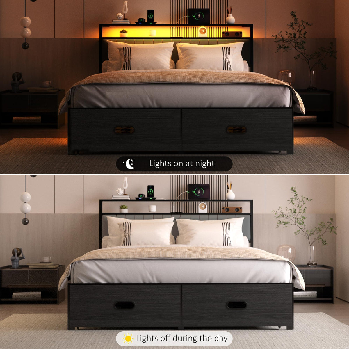 Full Bed Frames with Storage Drawer, Platform Bed with Charging Station and LED Lights, Upholstered Headboard with 2-Tier Storage Shelves, No Box Spring Needed