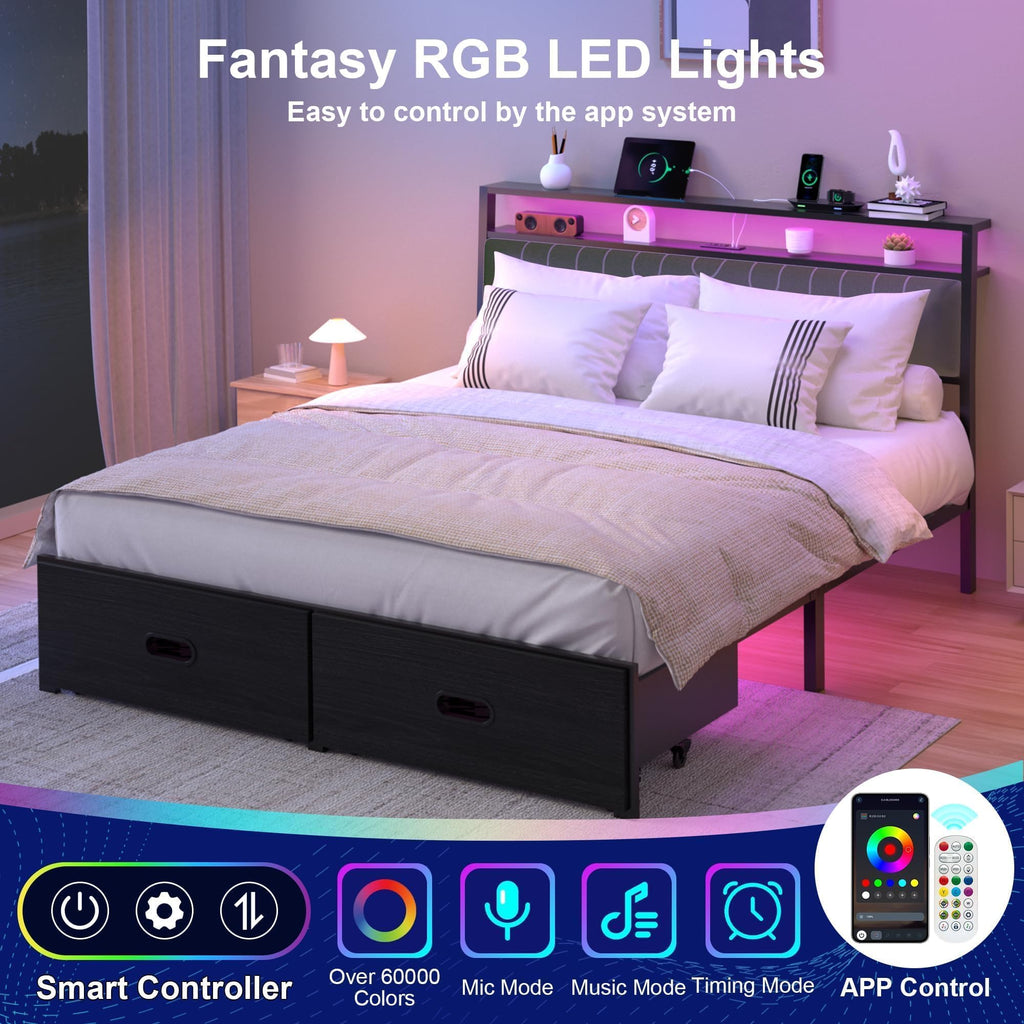 Full Bed Frames with Storage Drawer, Platform Bed with Charging Station and LED Lights, Upholstered Headboard with 2-Tier Storage Shelves, No Box Spring Needed