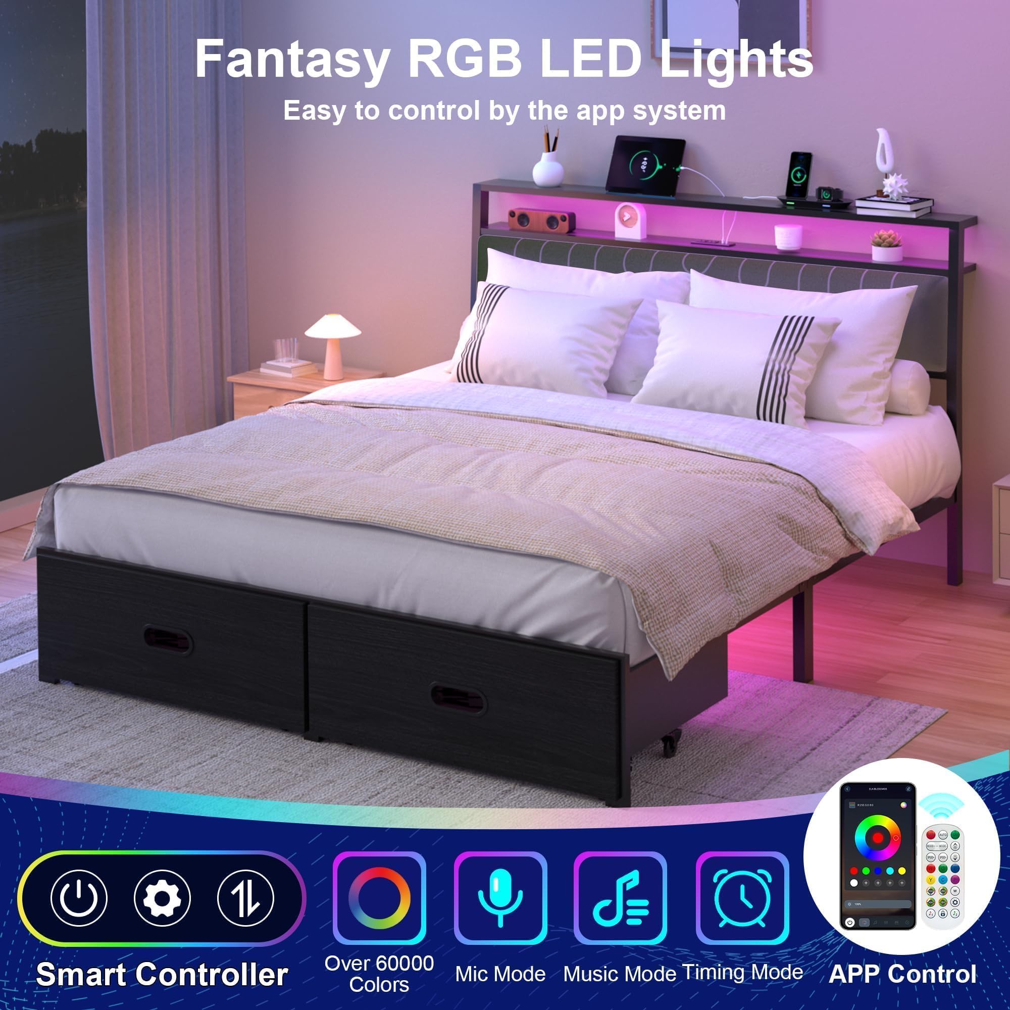 Full Bed Frames with Storage Drawer, Platform Bed with Charging Station and LED Lights, Upholstered Headboard with 2-Tier Storage Shelves, No Box Spring Needed