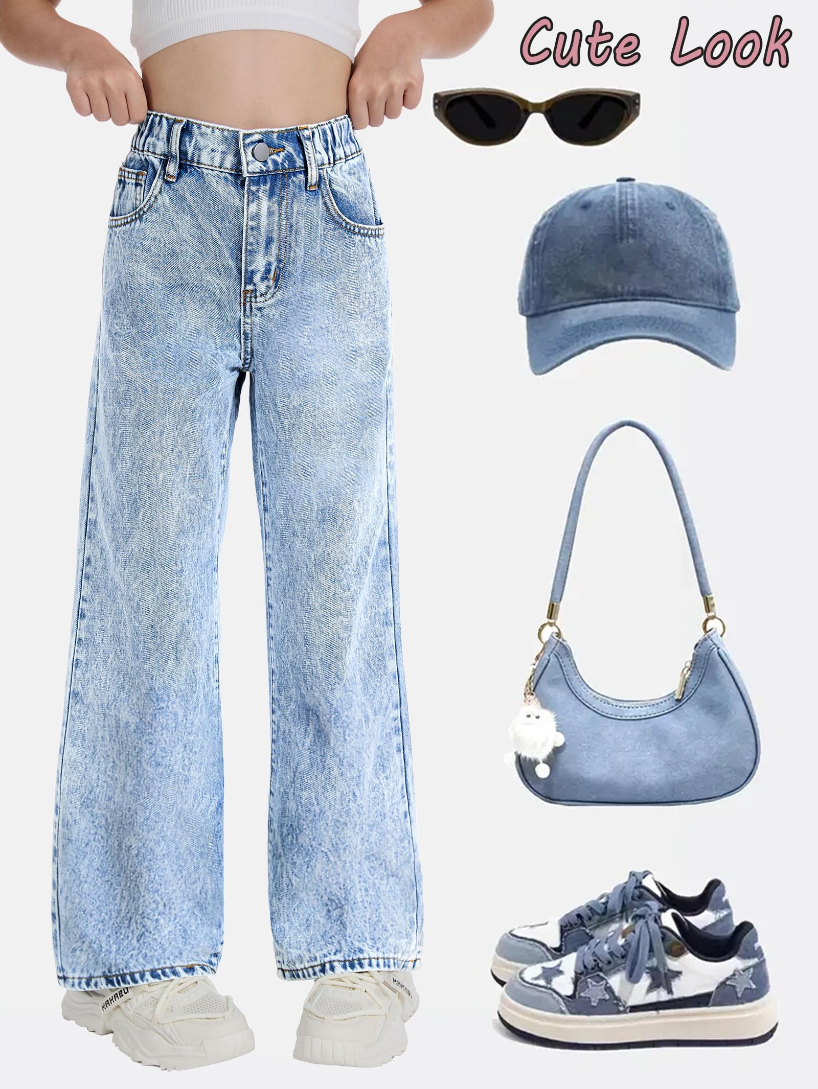Jeans for Girls Cute Baggy Pants Wide Leg High Waisted Trousers with Pocket | Back to School Clothes Teens Outfits Bow Embroidery Wide Leg Denim Pants Y2k Tween Clothes 7-16Y