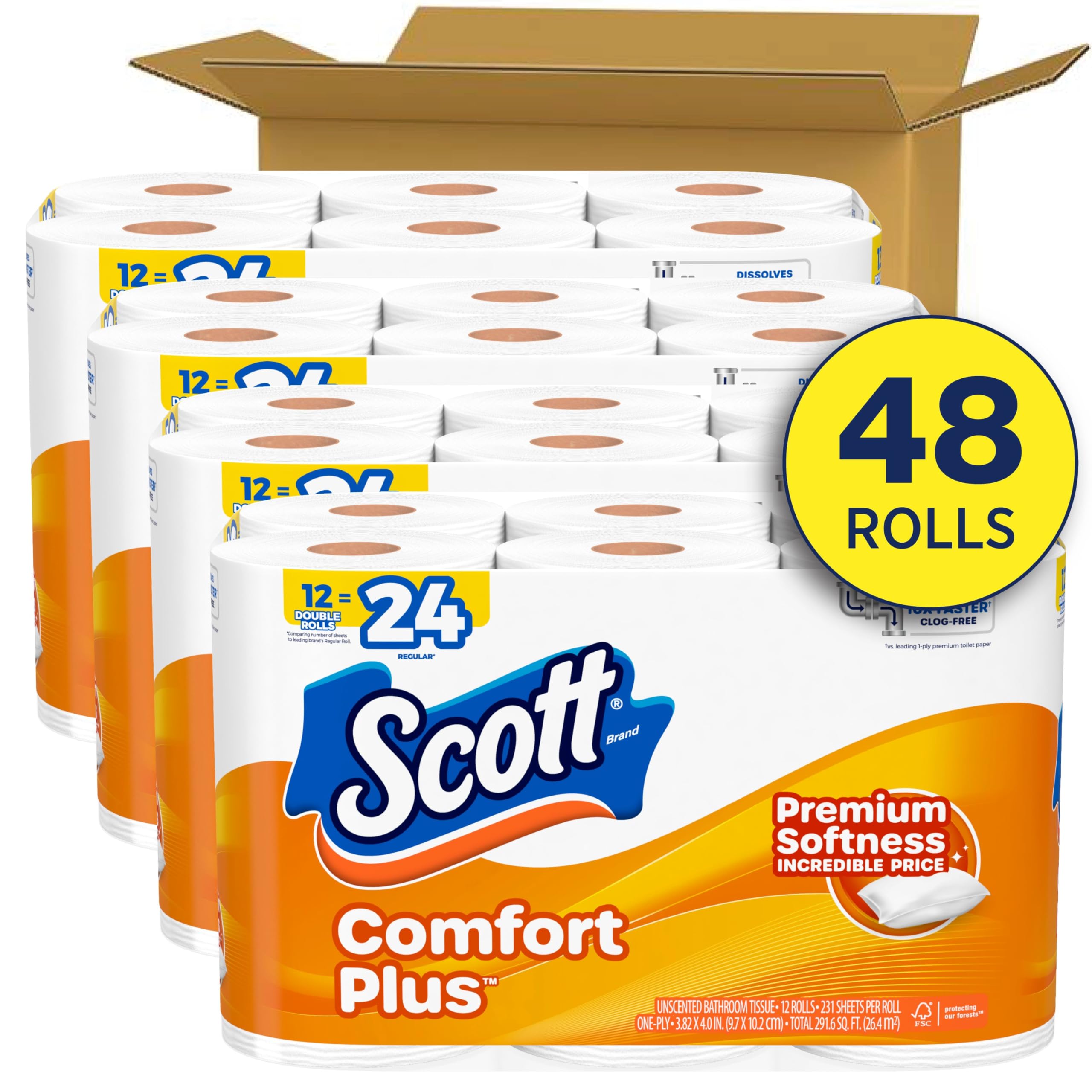Scott ComfortPlus Toilet Paper, 12 Triple Rolls, 231 Sheets per Roll, Septic-Safe, 1-Ply Toilet Tissue