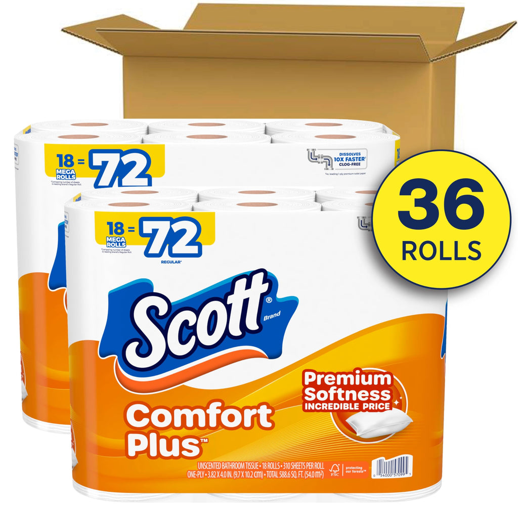 Scott ComfortPlus Toilet Paper, 12 Triple Rolls, 231 Sheets per Roll, Septic-Safe, 1-Ply Toilet Tissue