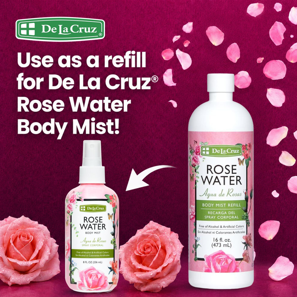 De La Cruz Rose Water Body & Hair Mist, 8 fl. oz Spray (236 mL) | Rose Water Spray, With Rose Flower Extract, Hair & Body Mist, Home Mist, Alcohol Free, Refreshing & Soothing
