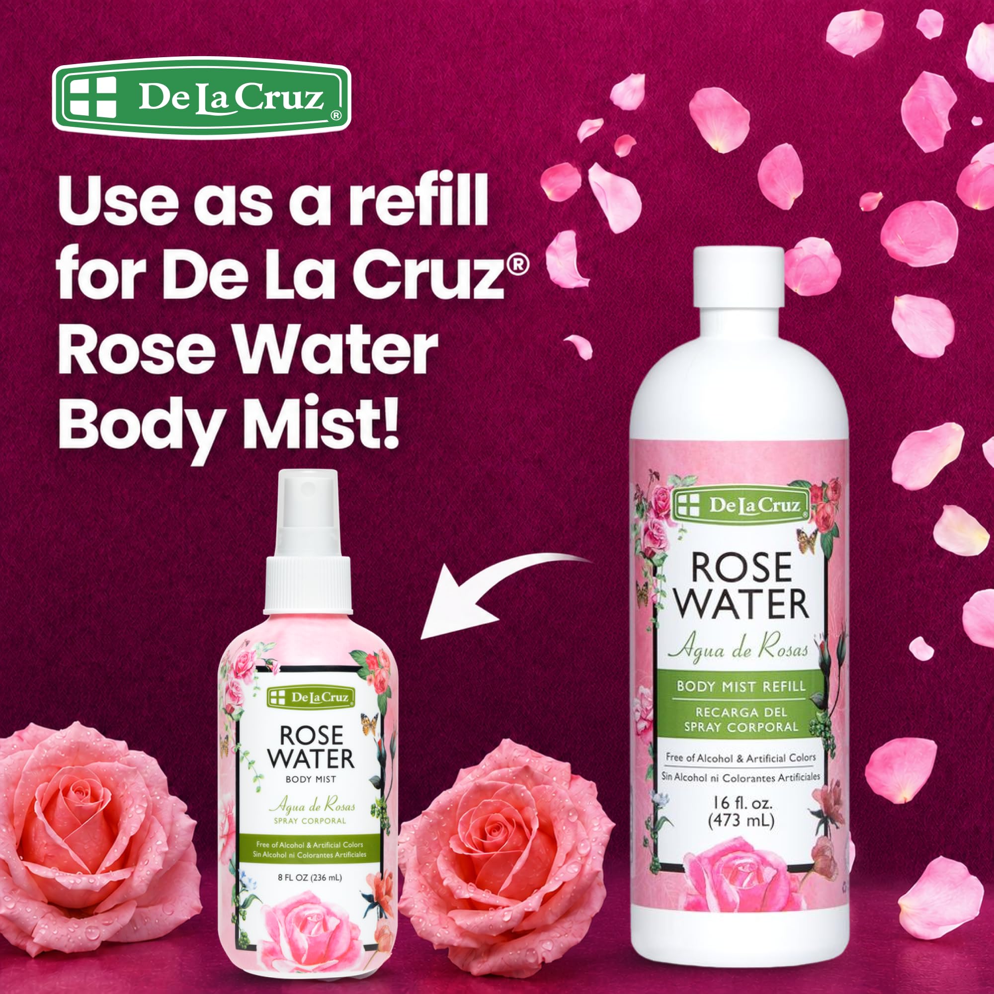 De La Cruz Rose Water Body & Hair Mist, 8 fl. oz Spray (236 mL) | Rose Water Spray, With Rose Flower Extract, Hair & Body Mist, Home Mist, Alcohol Free, Refreshing & Soothing