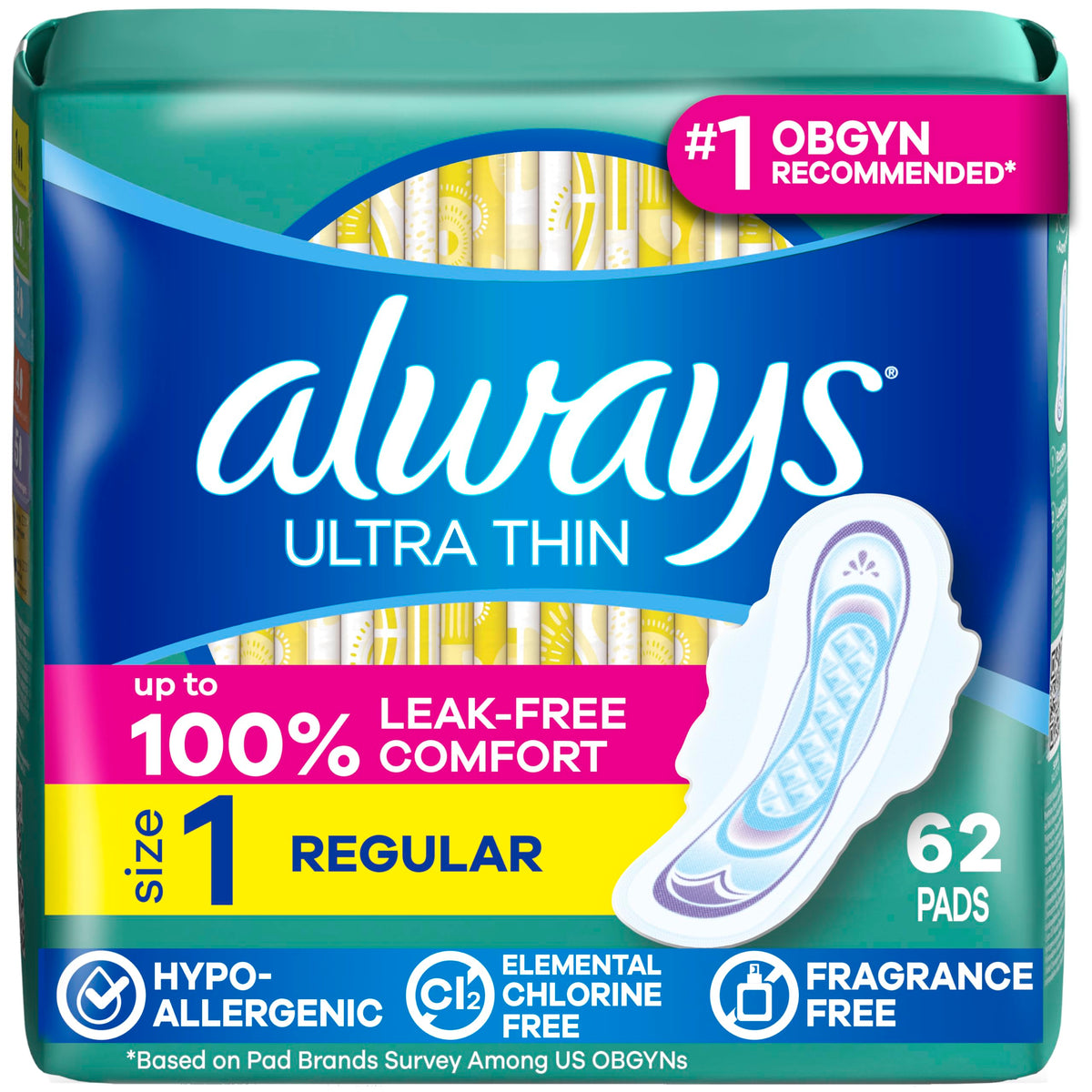 Always Ultra Thin Feminine Pads with Wings for Women, Size 1, Regular Absorbency, Unscented, Up to 100% Leak-Free Protection, 46 Count