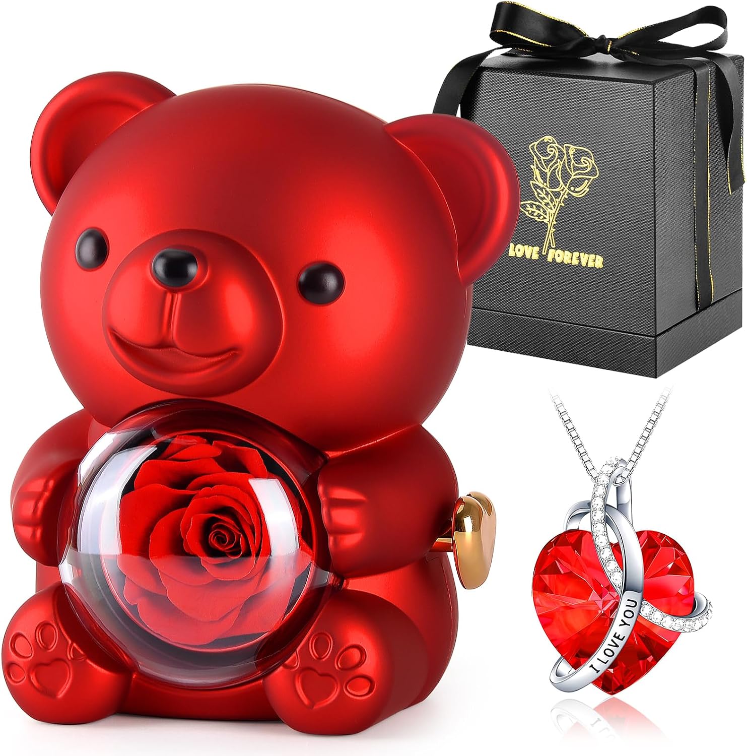Suturun Cute Teddy Bear with Preserved Rose,Eternal Flowers Rotating Rose Box with Necklace Romantic Gift for Her in Valentine's Day, Mother's Day,Weddings,Anniversaries,and Bridal Showers