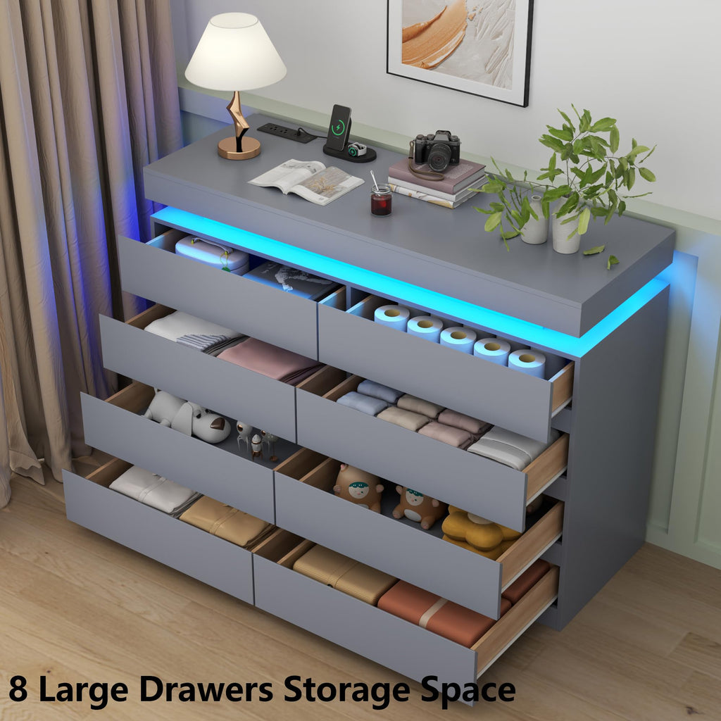 Gyfimoie 6 Drawer Dresser with Power Outlet, Dresser with LED Light | Modern Chest of Drawers for Closet, Wide Drawer Organizer Cabinet for Bedroom,Living Room