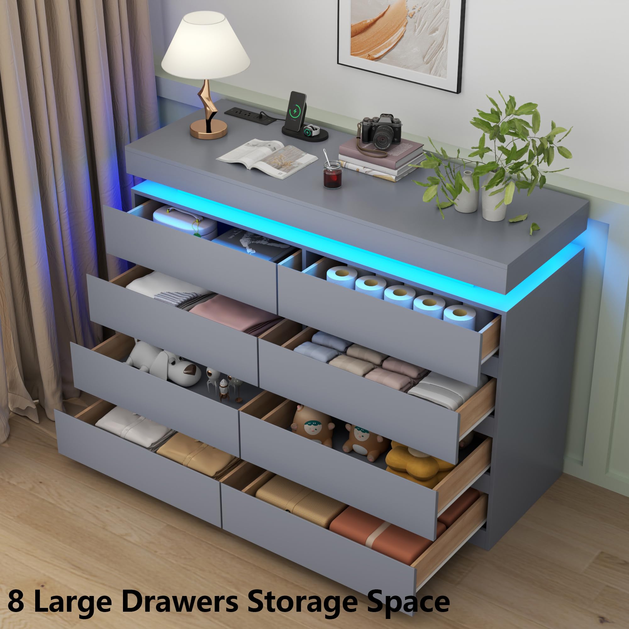 Gyfimoie 6 Drawer Dresser with Power Outlet, Dresser with LED Light | Modern Chest of Drawers for Closet, Wide Drawer Organizer Cabinet for Bedroom,Living Room