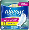 Always Ultra Thin Feminine Pads with Wings for Women, Size 1, Regular Absorbency, Unscented, Up to 100% Leak-Free Protection, 46 Count