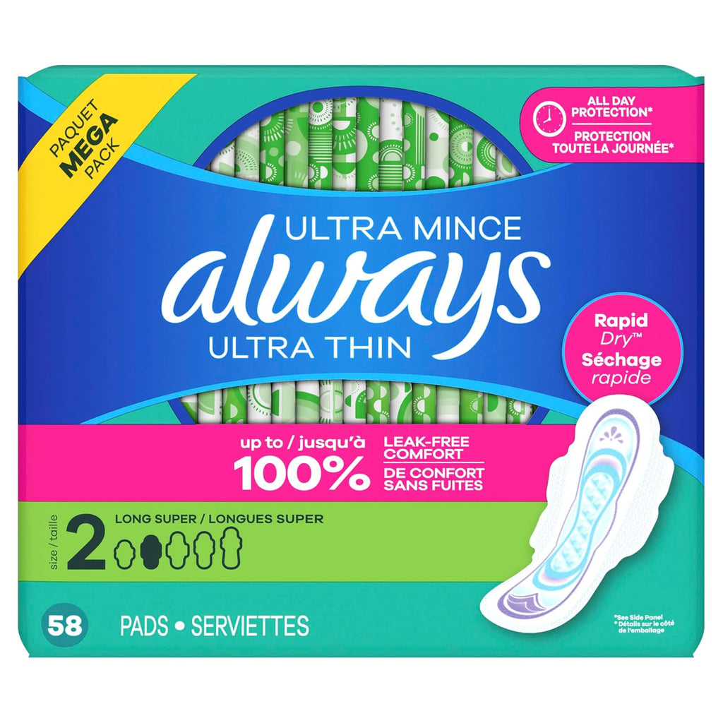 Always Ultra Thin Feminine Pads with Wings for Women, Size 2, Long Super Absorbency, Unscented, Up to 100% Leak-Free Protection, 58 Count